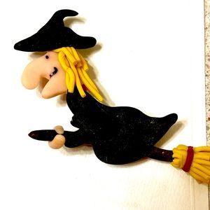 1990s Flying Witch on Broom Large Vintage/New Clay Art Pin
